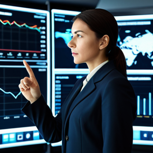 Home 8 A professional female business leader in a modest, dark business suit, standing confidently in a high-tech command center. She is looking intently at a large, transparent digital display showing dynamic market trend graphs and complex data visualizations, one hand subtly gesturing towards the screen. Her pose indicates strategic analysis and deep foresight. The background features subtle, futuristic ambient lighting.
safe for work, appropriate content, fully clothed, professional, modest clothing, family-friendly, perfect anatomy, correct proportions, natural pose, well-formed hands, proper finger count, natural body proportions, high-resolution, sharp focus, strategic vision, clean aesthetic, high quality
